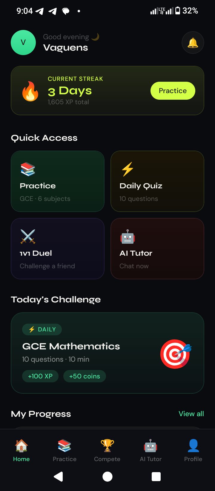 PrepGeni adaptive practice screen